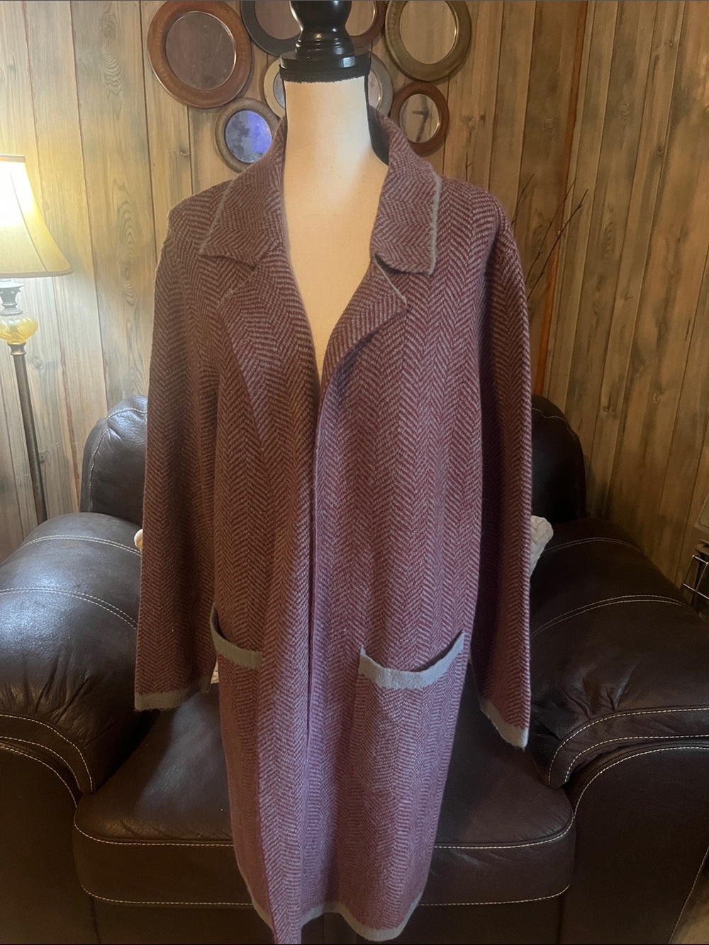 POL Brand Open-Front Herringbone Cotton/ Wool Blend Knit Duster Cardigan Coat